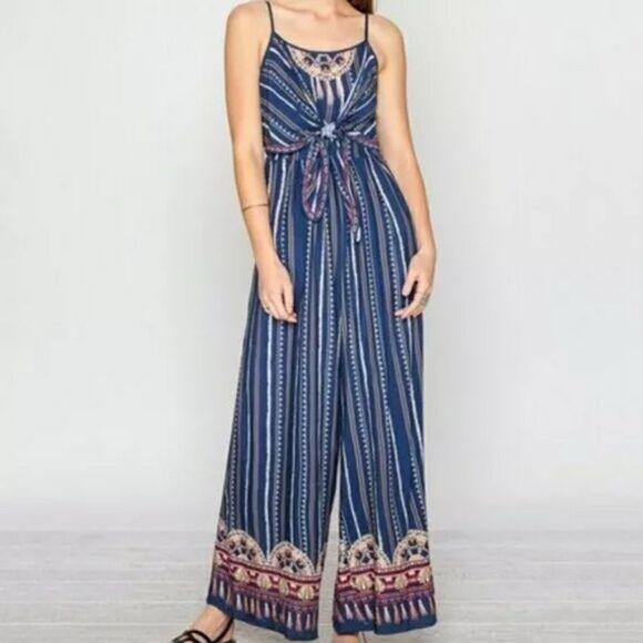 FLYING TOMATO | Blue Striped Boho Open Back Tie Front Jumpsuit Size Medium - Picture 1 of 12